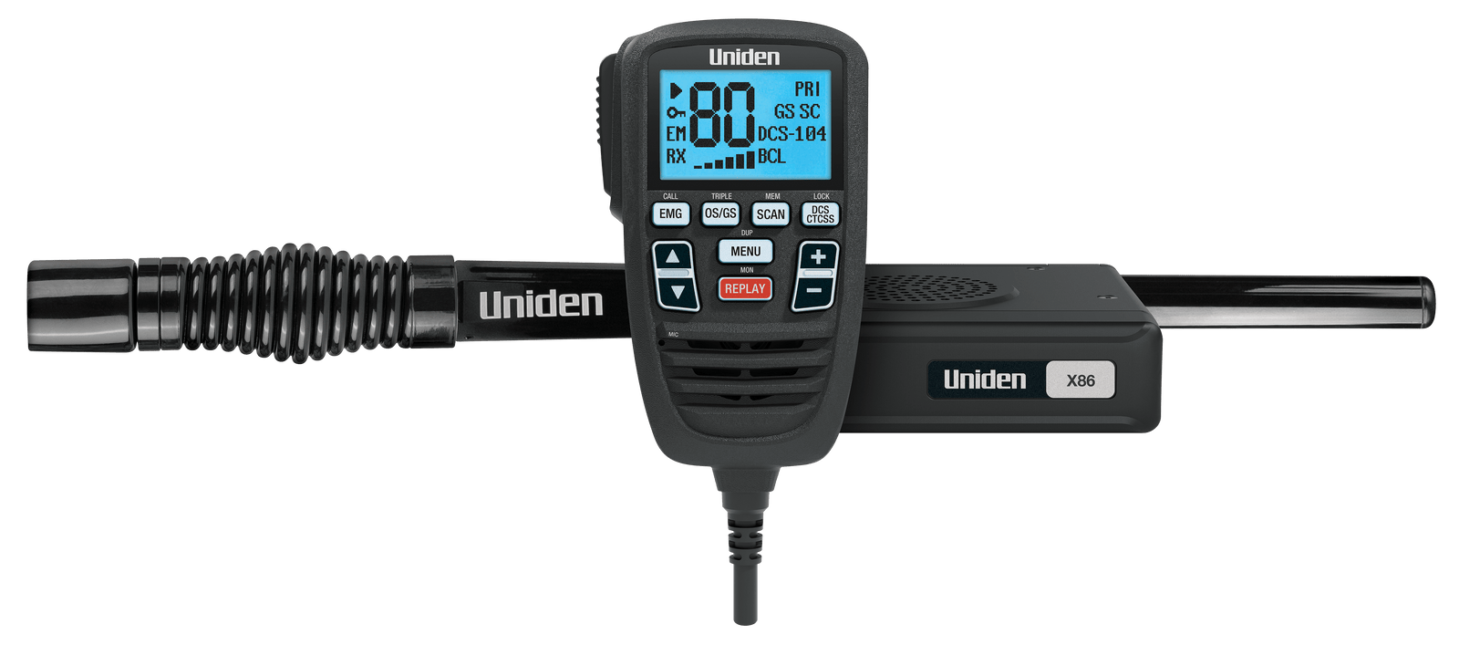 Uniden X86 radio with ATX500 antenna